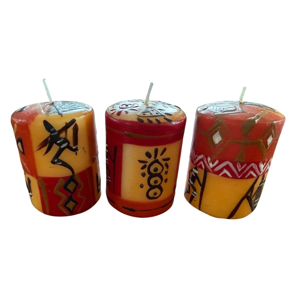 Nobunto South Africa Hand Painted Pillar Candles Set of 3 African Tribal Art